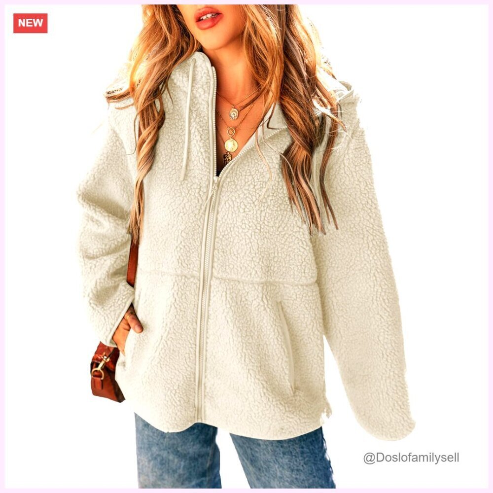 Women's Fleece Jacket with Hood and Pockets, Zip Up Sherpa Coat for Fall Winter